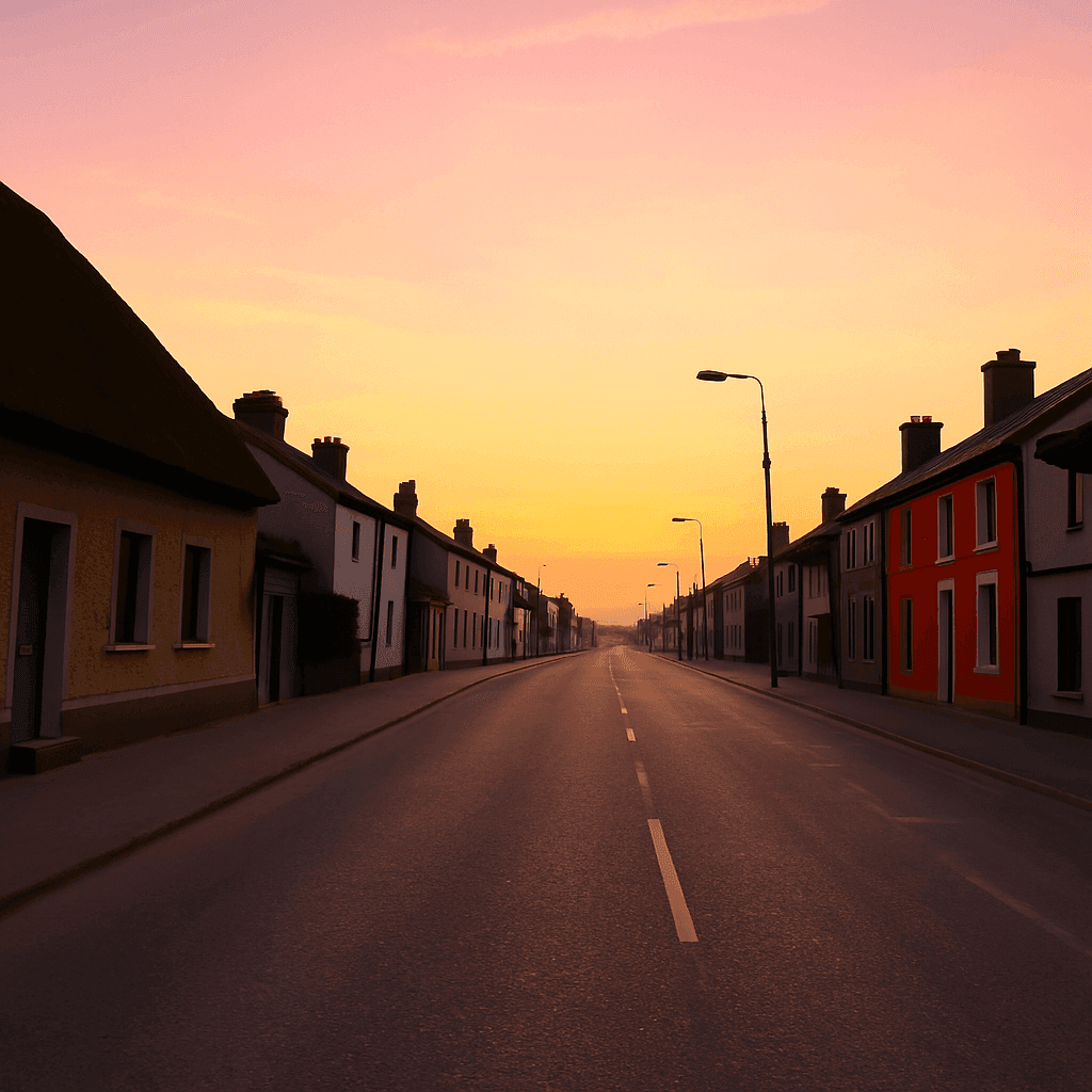 a street with a sunset in the background and a lot of telephone wires .